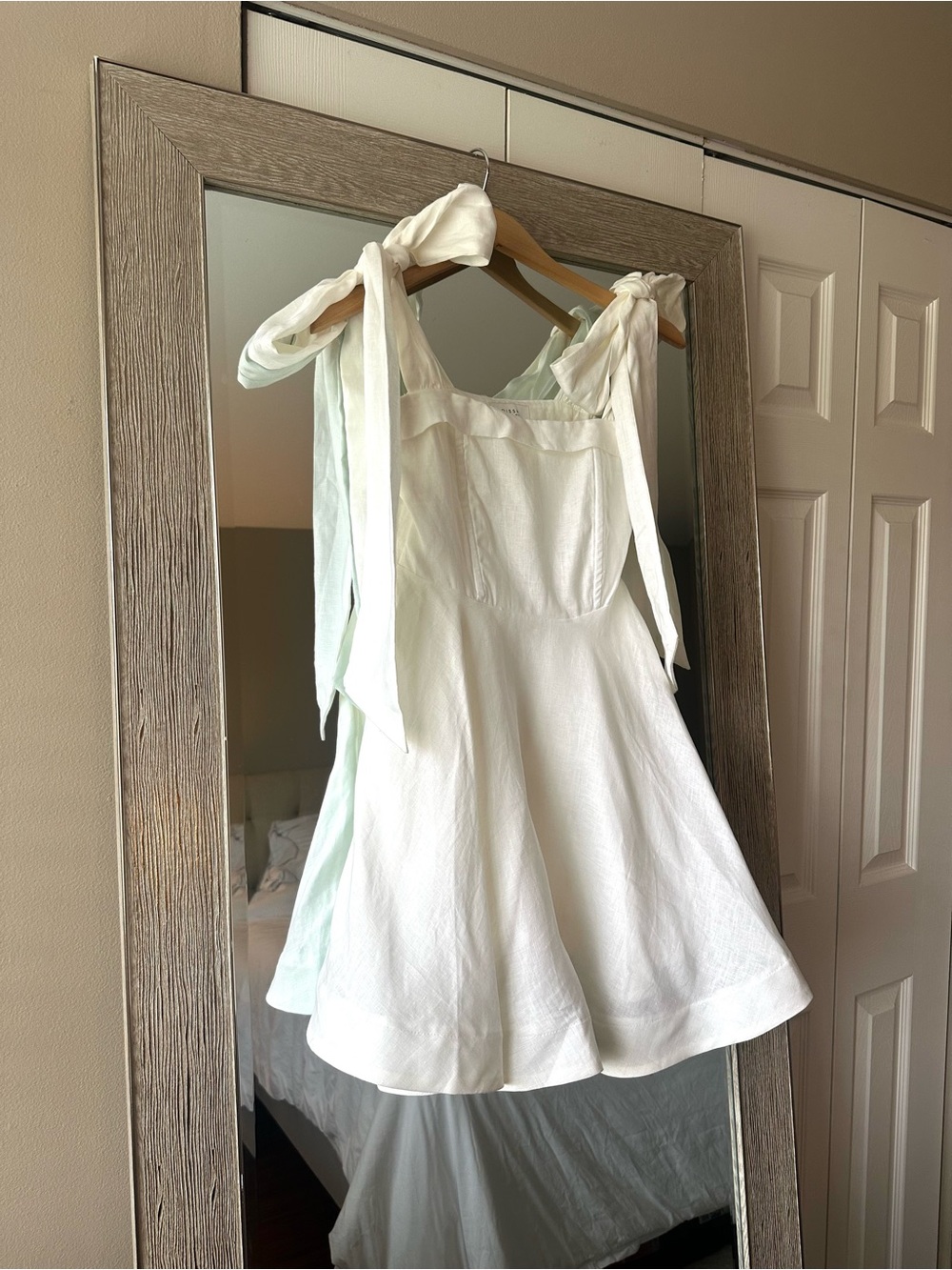 Dissh White 100% Linen Square Neck Bow Strap Mini Fit & Flare Dress Size 2 XS